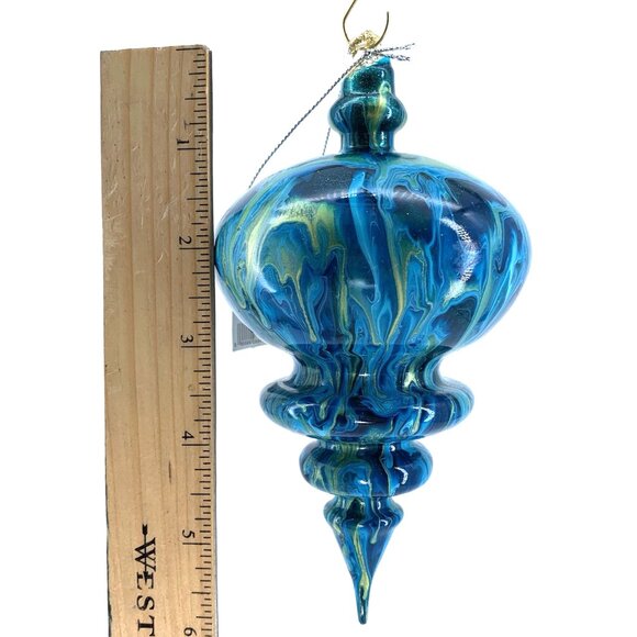 Hand-Blown Glass Ornament by Paper Destiny • Blue Green Swirl • Teardrop Finial - Picture 8 of 9
